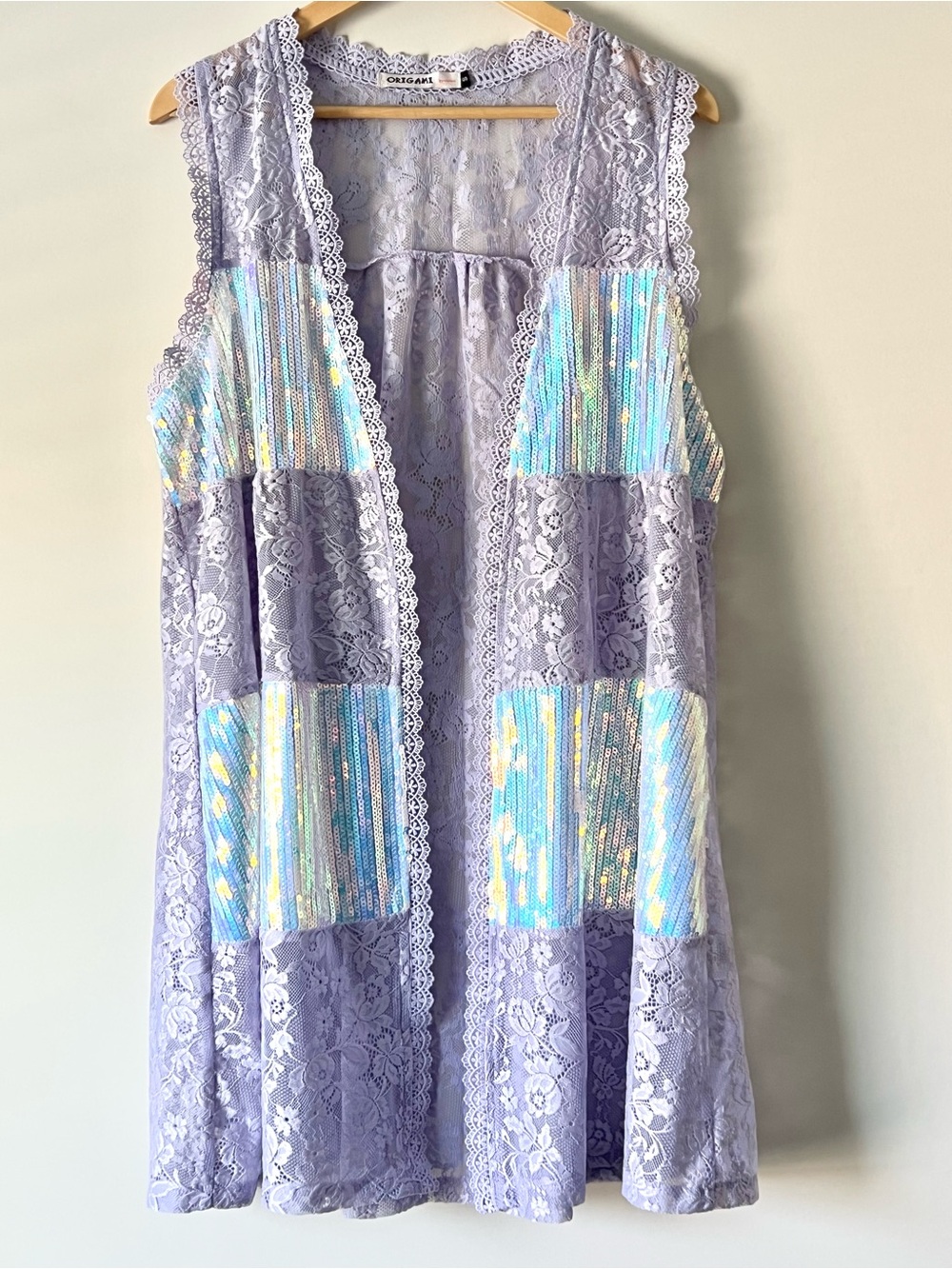 Lavender Floral Lace Sequin-Panel Duster Vest